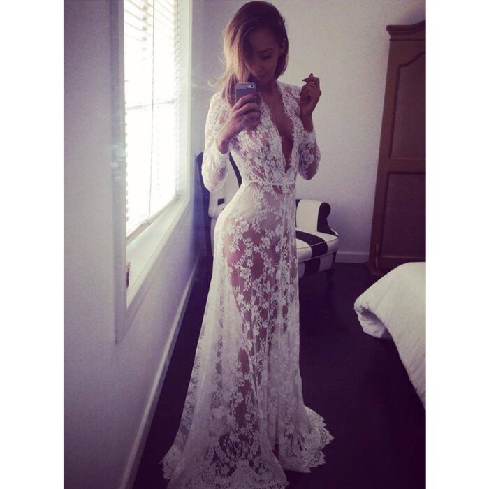 2017 White Sexy Deep V-neck Long-sleeve See-through Lace Tight Trailing Connect Dress Skirt - 图片 2