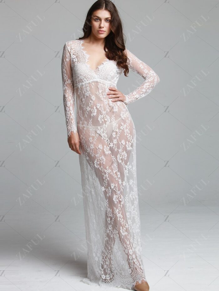 2017 White Sexy Deep V-neck Long-sleeve See-through Lace Tight Trailing Connect Dress Skirt - 图片 4