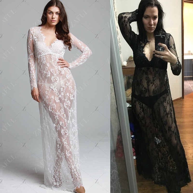 2017 White Sexy Deep V-neck Long-sleeve See-through Lace Tight Trailing Connect Dress Skirt
