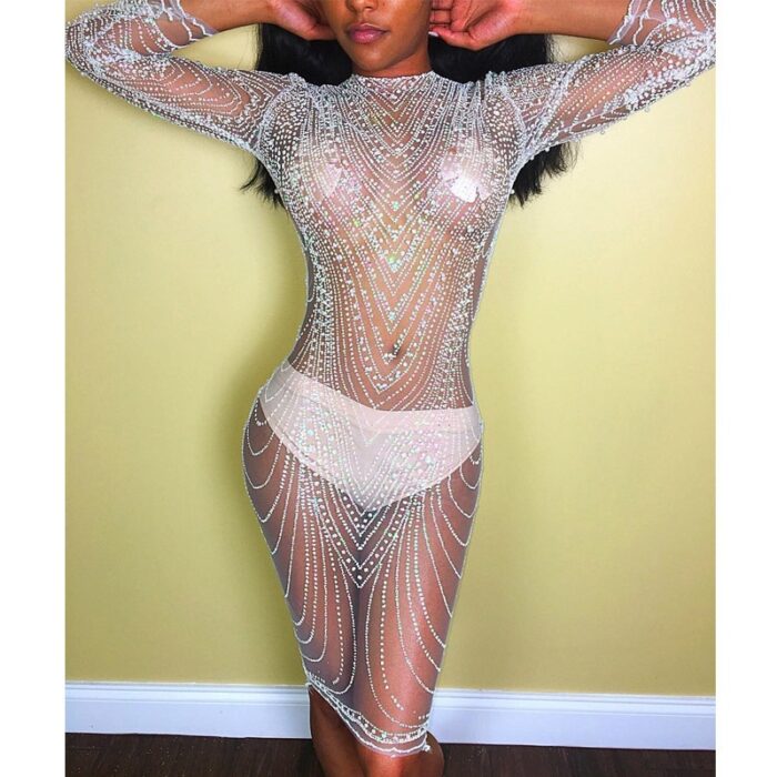 Nightclub Round Collar Sexy Rhinestone Sequins See-through  Dress - 图片 2