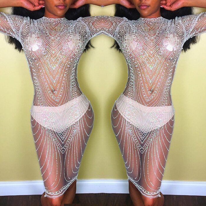 Nightclub Round Collar Sexy Rhinestone Sequins See-through  Dress - 图片 3
