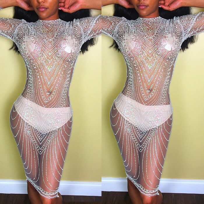 Nightclub Round Collar Sexy Rhinestone Sequins See-through  Dress