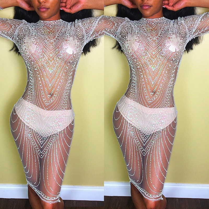 Nightclub Round Collar Sexy Rhinestone Sequins See-through  Dress