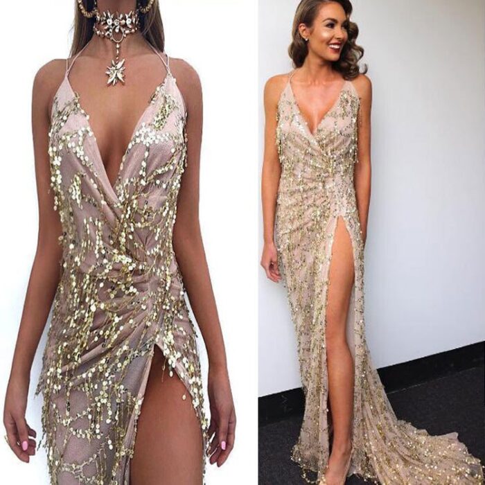 Braces Sexy Backless  Deep V-neck Dress - 图片 2