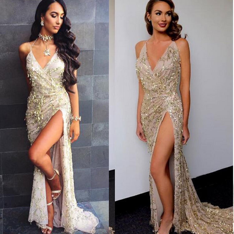 Braces Sexy Backless  Deep V-neck Dress