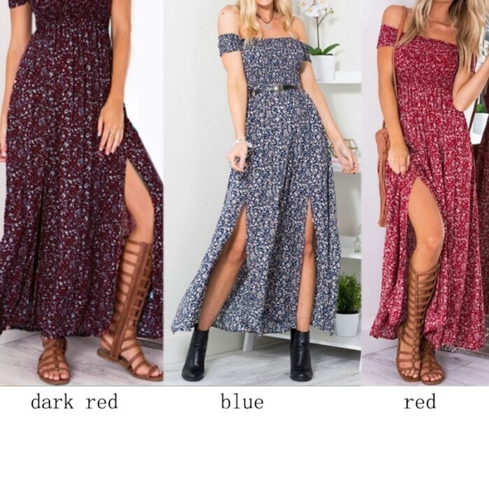 S-4XL Fashion Women Sexy Floral  Maxi Dress Bohemian Strapless Slit  Dress  Party Beach Dress - 图片 3