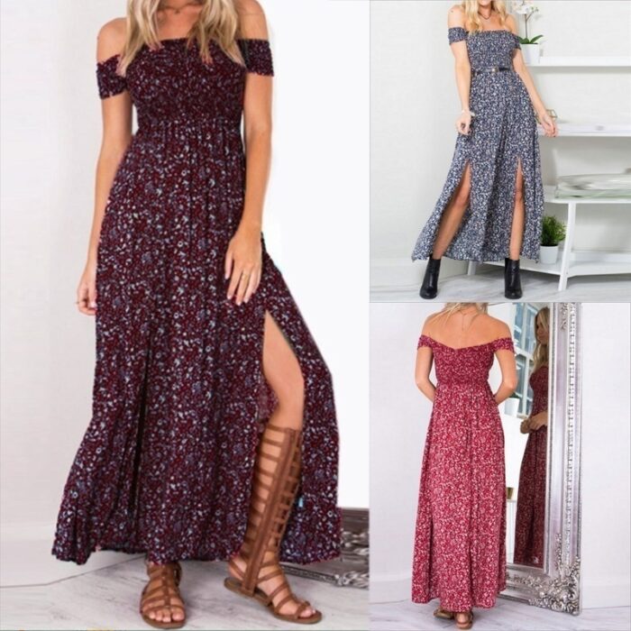 S-4XL Fashion Women Sexy Floral  Maxi Dress Bohemian Strapless Slit  Dress  Party Beach Dress - 图片 4