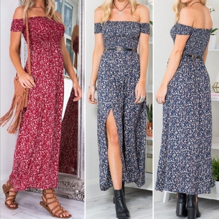 S-4XL Fashion Women Sexy Floral  Maxi Dress Bohemian Strapless Slit  Dress  Party Beach Dress - 图片 6