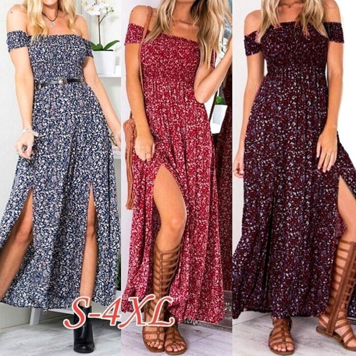 S-4XL Fashion Women Sexy Floral  Maxi Dress Bohemian Strapless Slit  Dress  Party Beach Dress - 图片 7