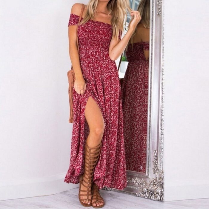S-4XL Fashion Women Sexy Floral  Maxi Dress Bohemian Strapless Slit  Dress  Party Beach Dress - 图片 12