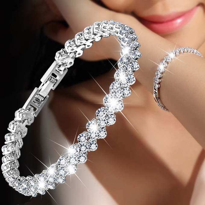 Fashion Roman Style Crystal Diamond Bling Bling Bracelets Woman's 925 Sterling Silver  Valentines Day Jewelry Gifts