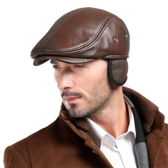 Men's Real Cowhide Leather Beret Hunting Cap Beanie Trucker Cap Mens Sports Hat - 图片 2