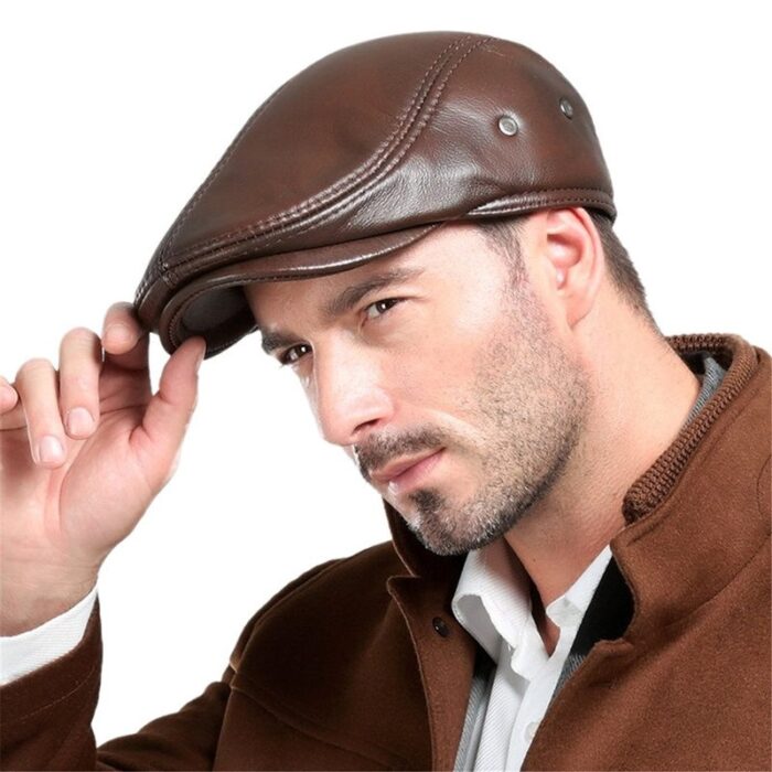 Men's Real Cowhide Leather Beret Hunting Cap Beanie Trucker Cap Mens Sports Hat - 图片 3