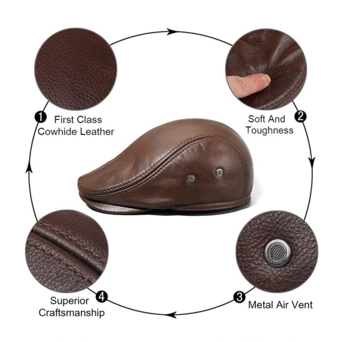 Men's Real Cowhide Leather Beret Hunting Cap Beanie Trucker Cap Mens Sports Hat - 图片 6
