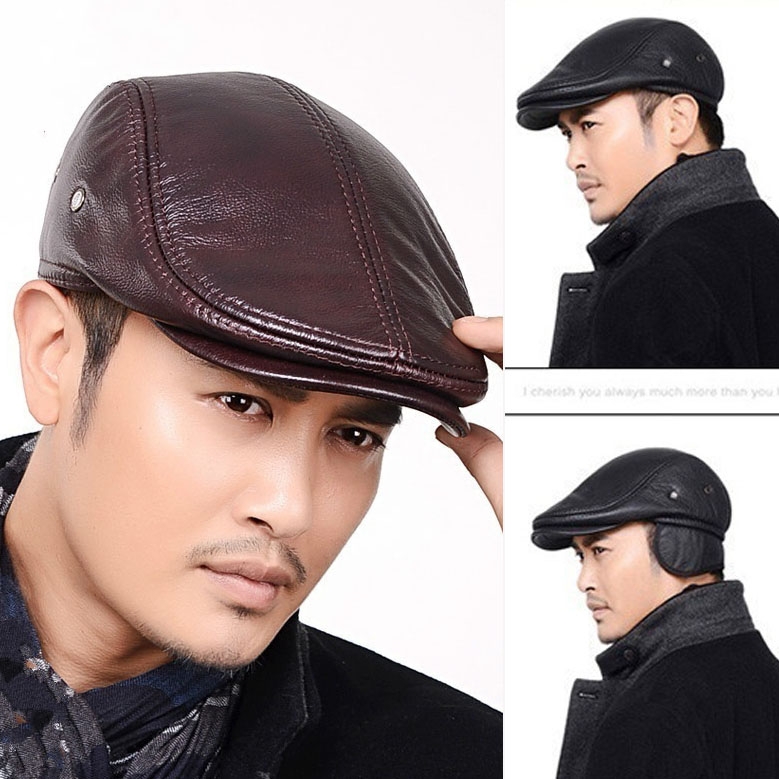 Men Real Leather Golf Cabbie Baker Driving Fashion Newsboy Hat Cap Beret Gatsby Flat Ivy