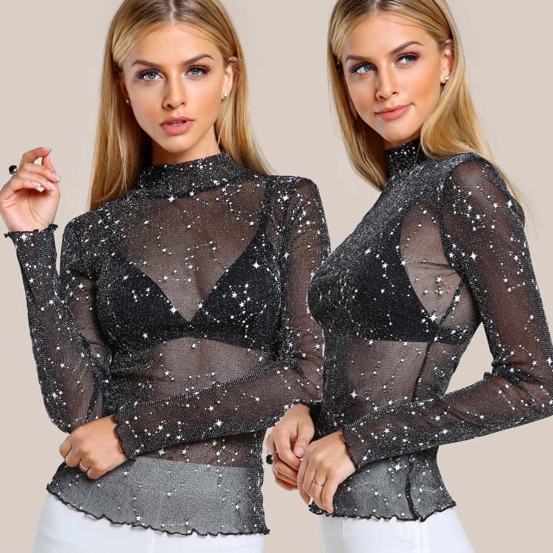 Women Fashion Mock Neck Letter Hem Glitter Mesh Top Sexy Black Mesh See-through Blouse T - Shirt