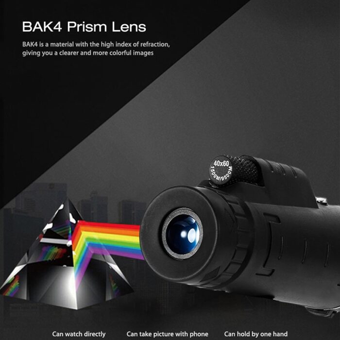 40X60 HD  Monocular Telescope with Compass, BAK4 Prisms and Fully Multi-Coated FMC Mini HD Monocular Scope with Tripod/Phone Clip/Strap/Clean Cloth for Stargazing, Bird Watching, Hiking and Sports - 图片 16