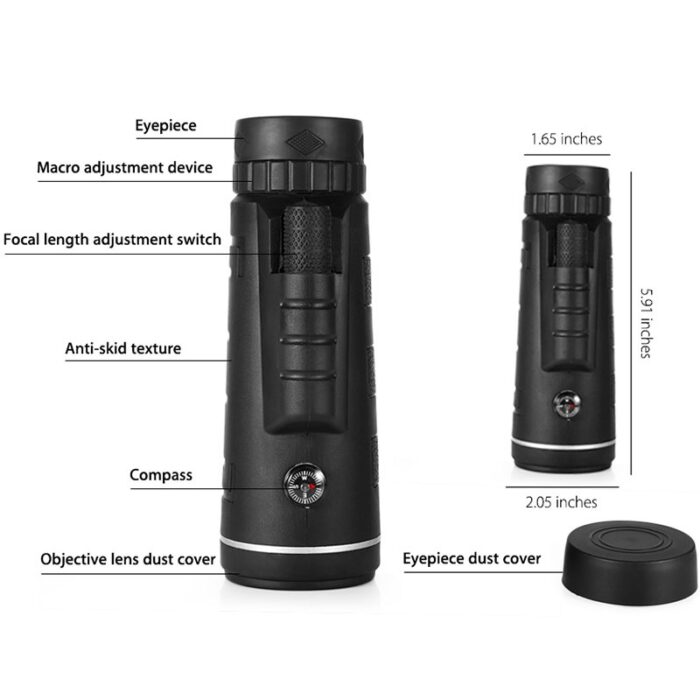40X60 HD  Monocular Telescope with Compass, BAK4 Prisms and Fully Multi-Coated FMC Mini HD Monocular Scope with Tripod/Phone Clip/Strap/Clean Cloth for Stargazing, Bird Watching, Hiking and Sports - 图片 14