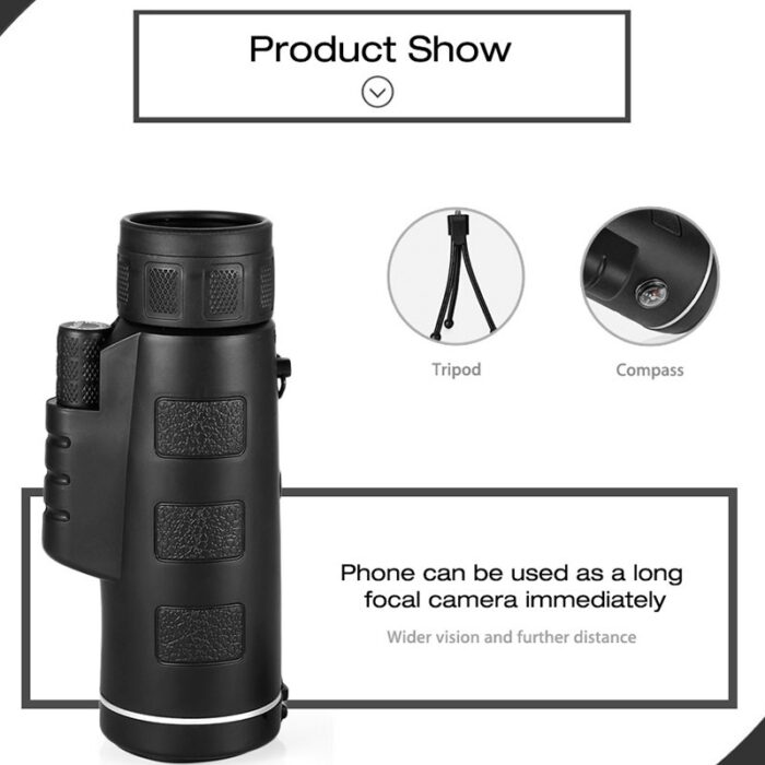 40X60 HD  Monocular Telescope with Compass, BAK4 Prisms and Fully Multi-Coated FMC Mini HD Monocular Scope with Tripod/Phone Clip/Strap/Clean Cloth for Stargazing, Bird Watching, Hiking and Sports - 图片 11