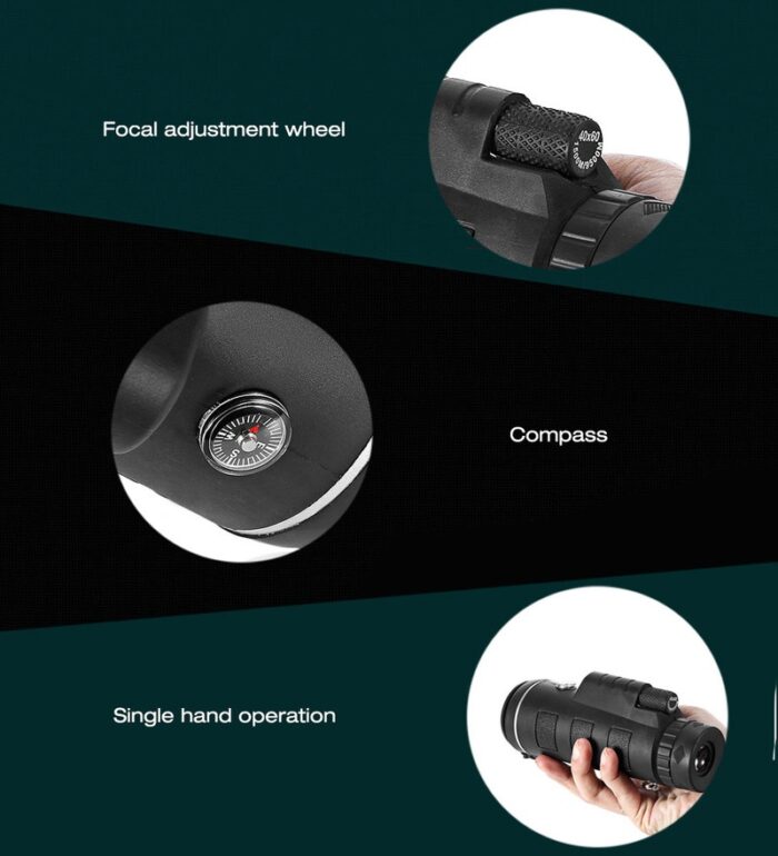 40X60 HD  Monocular Telescope with Compass, BAK4 Prisms and Fully Multi-Coated FMC Mini HD Monocular Scope with Tripod/Phone Clip/Strap/Clean Cloth for Stargazing, Bird Watching, Hiking and Sports - 图片 9