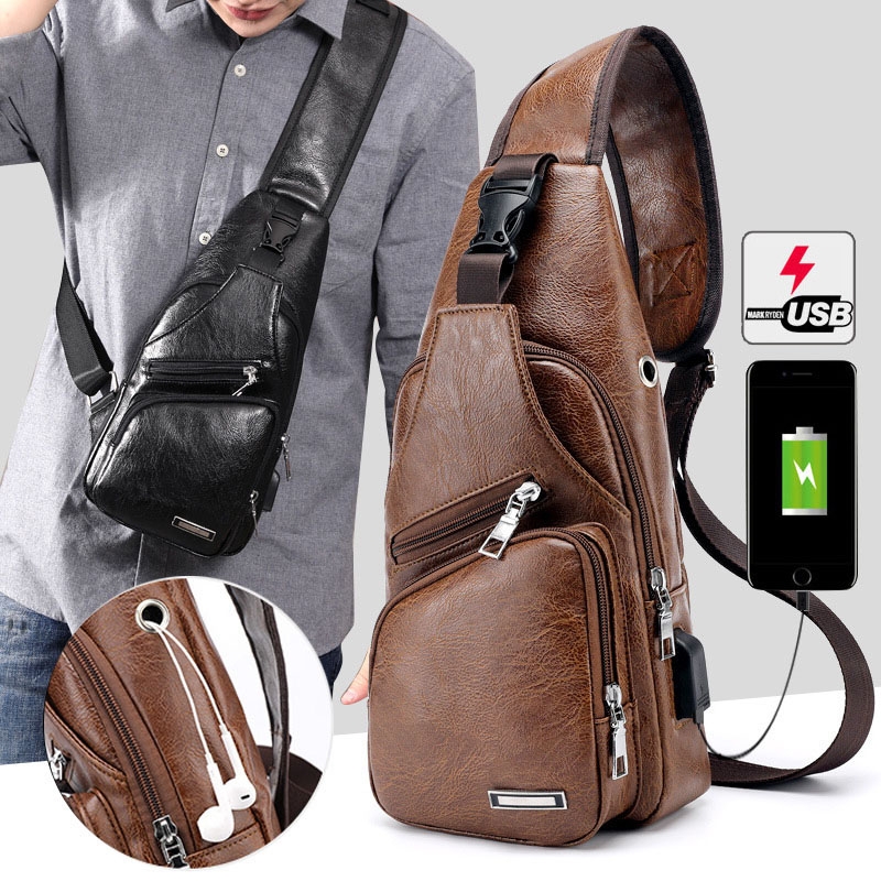 Fashion Men's  Leather Bag Chest Pack Crossbody Bags Messenger Bags Vintage Travel Bag  Casual Outdoor Shoulder Bags