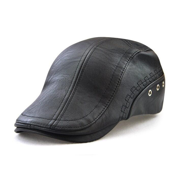 Beret Golf Cap Mens Vintage Newsboy Peaked Hats PU Leather Cap - 图片 2