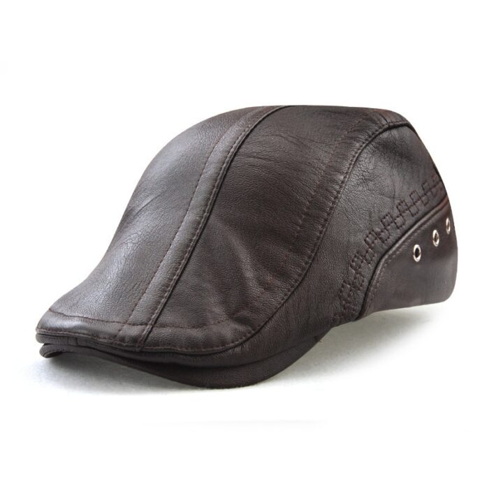 Beret Golf Cap Mens Vintage Newsboy Peaked Hats PU Leather Cap - 图片 3