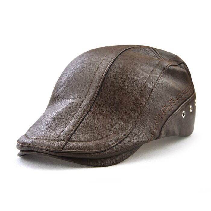 Beret Golf Cap Mens Vintage Newsboy Peaked Hats PU Leather Cap - 图片 4