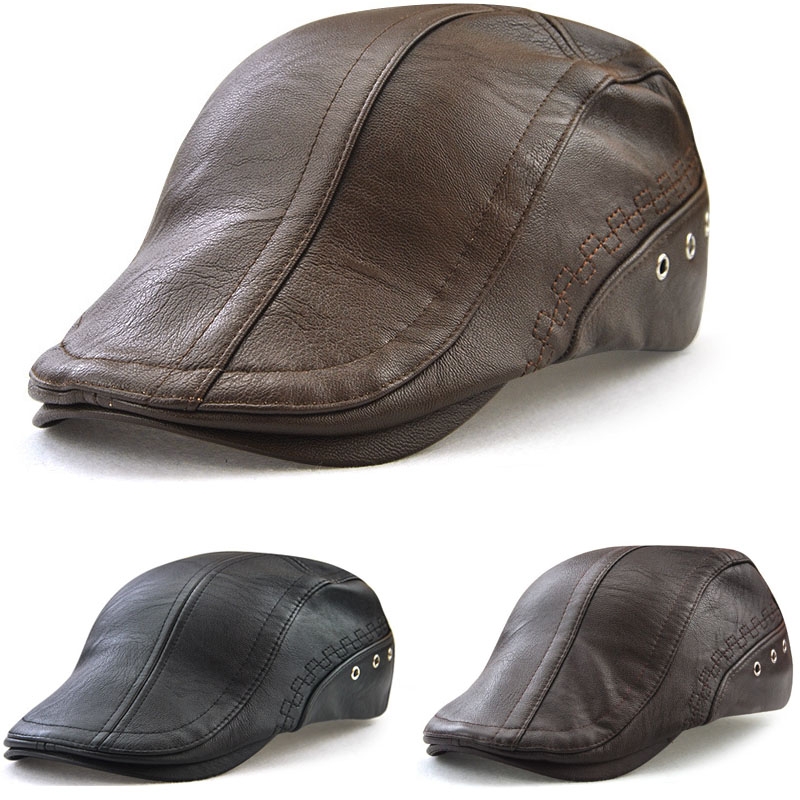 Beret Golf Cap Mens Vintage Newsboy Peaked Hats PU Leather Cap