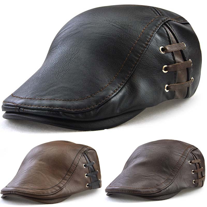 Men's Vintage Newsboy Cap PU Leather IVY Flat Gatsby Hat Winter Golf Driving Hats Beret Caps