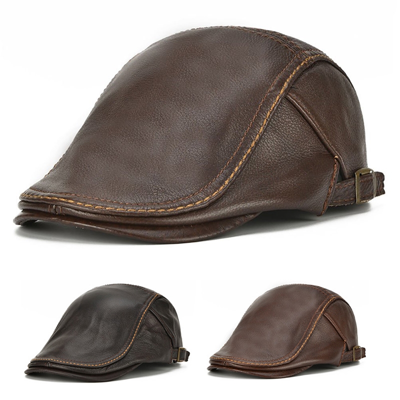 Men's Flat Cap Beret Hunting Real Cowhide Leather Driver Cap Newsboy Hat