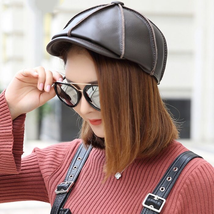 Mens Newsboy Caps Real Cow Leather Women Casual Brown Cap Ivy Duckbill Hats - 图片 10