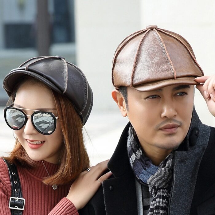 Mens Newsboy Caps Real Cow Leather Women Casual Brown Cap Ivy Duckbill Hats - 图片 2