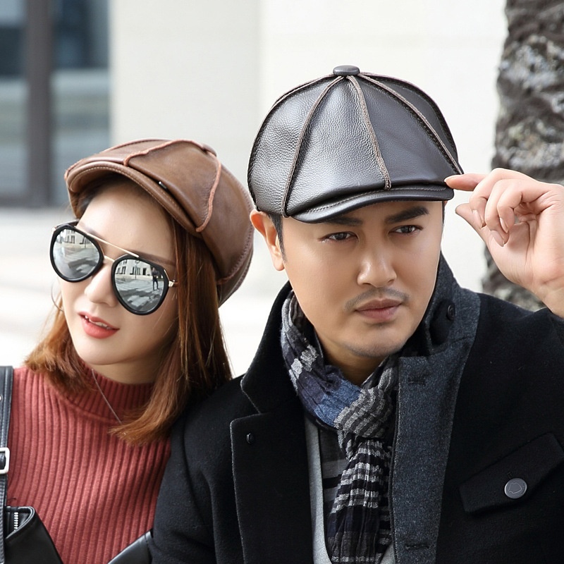 Mens Newsboy Caps Real Cow Leather Women Casual Brown Cap Ivy Duckbill Hats