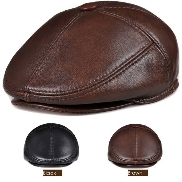 Cowhide Genuine Leather Men Berets Cap Hat  Fashion Men's Real Leather Baseball Caps Winter Warm Hats