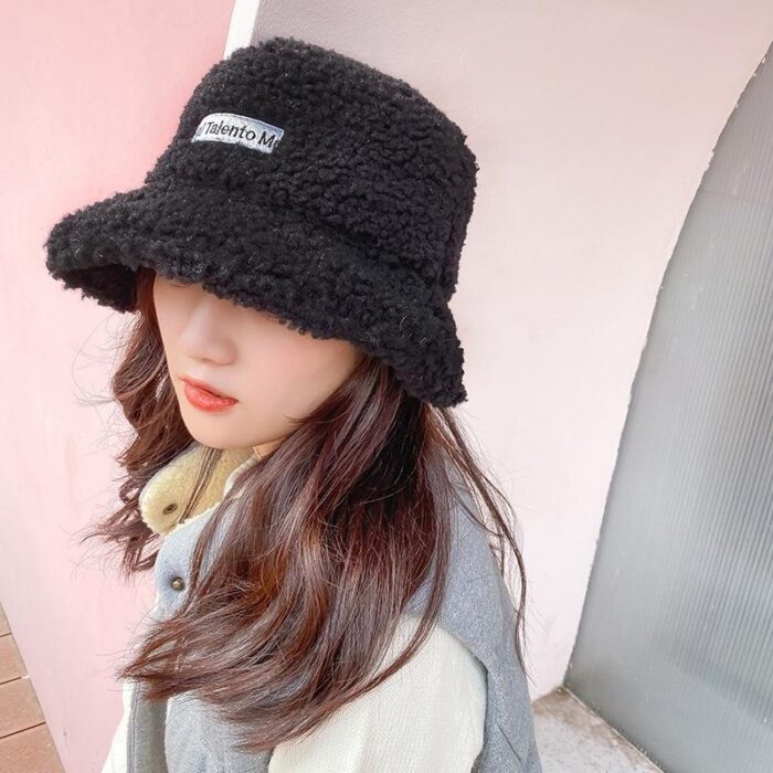 Solid Color Warm Plush Thicken Hiking Caps Lamb Wool Hat Basin Hat Unisex Fisherman Hat  (56-58cm) - 图片 2