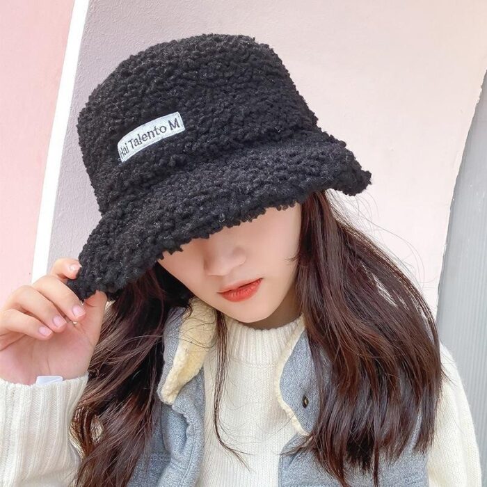 Solid Color Warm Plush Thicken Hiking Caps Lamb Wool Hat Basin Hat Unisex Fisherman Hat  (56-58cm) - 图片 3