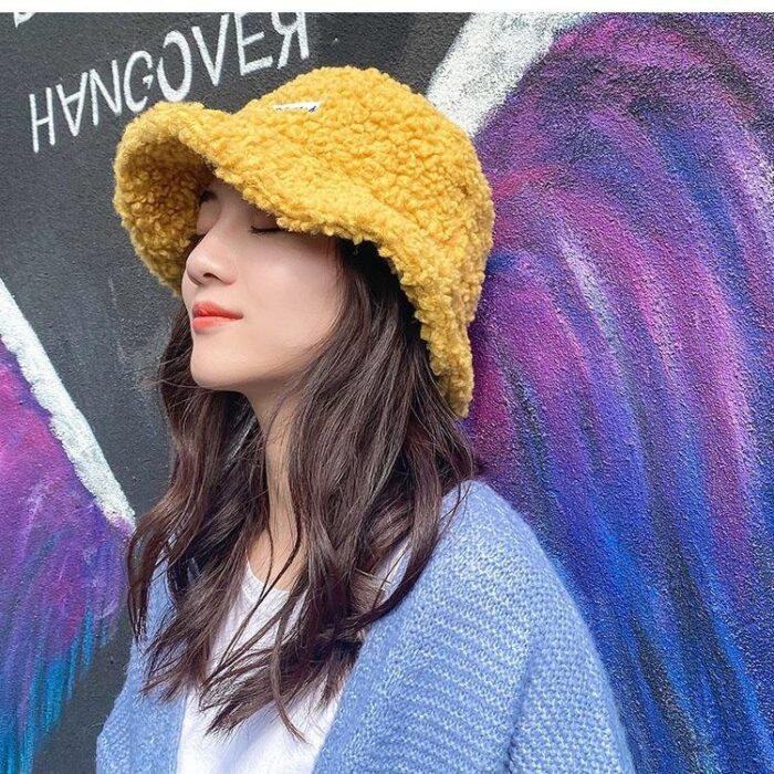 Solid Color Warm Plush Thicken Hiking Caps Lamb Wool Hat Basin Hat Unisex Fisherman Hat  (56-58cm) - 图片 6