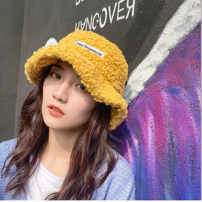 Solid Color Warm Plush Thicken Hiking Caps Lamb Wool Hat Basin Hat Unisex Fisherman Hat  (56-58cm)