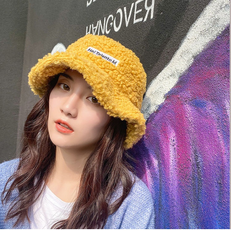 Solid Color Warm Plush Thicken Hiking Caps Lamb Wool Hat Basin Hat Unisex Fisherman Hat  (56-58cm)