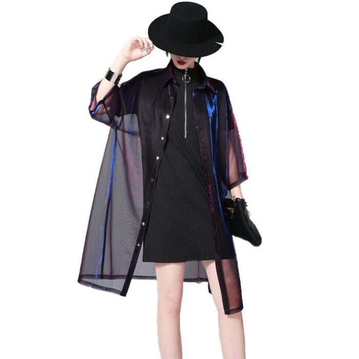 Streetwear Mesh Gradient Laser Women Sunproof  Shawl Summer Oversize Sun Protection See Through Blouse - 图片 3