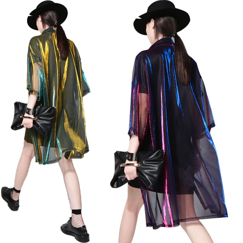 Streetwear Mesh Gradient Laser Women Sunproof  Shawl Summer Oversize Sun Protection See Through Blouse