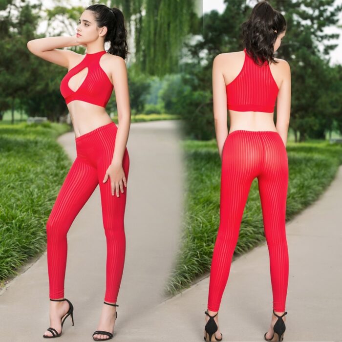 Women's Transparent Vertical Stripe Thin Tight Elastic Leggings Tights Hot Spodnie Two Picese Suit - 图片 3