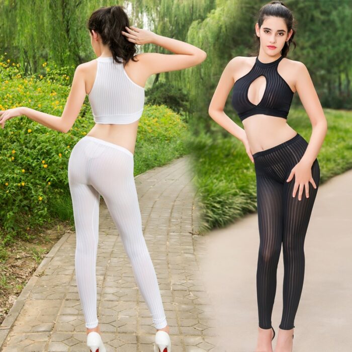 Women's Transparent Vertical Stripe Thin Tight Elastic Leggings Tights Hot Spodnie Two Picese Suit - 图片 6