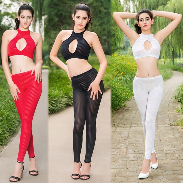 Women's Transparent Vertical Stripe Thin Tight Elastic Leggings Tights Hot Spodnie Two Picese Suit