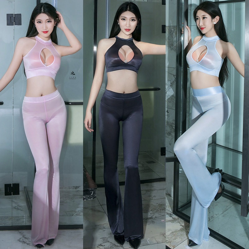 Transparent Thin Tight Elastic Hot Leggings Tights&Bra Two Picese Suit