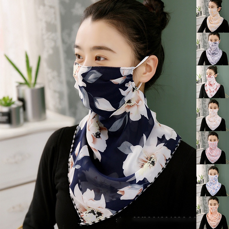 Women UV Neck Gaiter Seamless Adjustable Dust Face Scarf Bandana Silk Chiffon Floral
