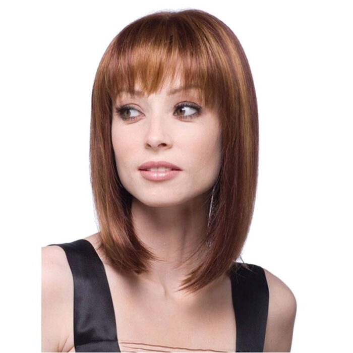 16" 40 cm Women's Long Bob Flat Bang Full Hair Wig Brown Mixed Golden - 图片 2