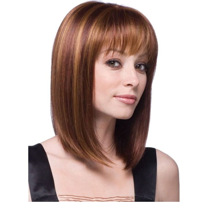 16" 40 cm Women's Long Bob Flat Bang Full Hair Wig Brown Mixed Golden - 图片 4