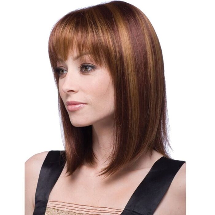 16" 40 cm Women's Long Bob Flat Bang Full Hair Wig Brown Mixed Golden - 图片 5